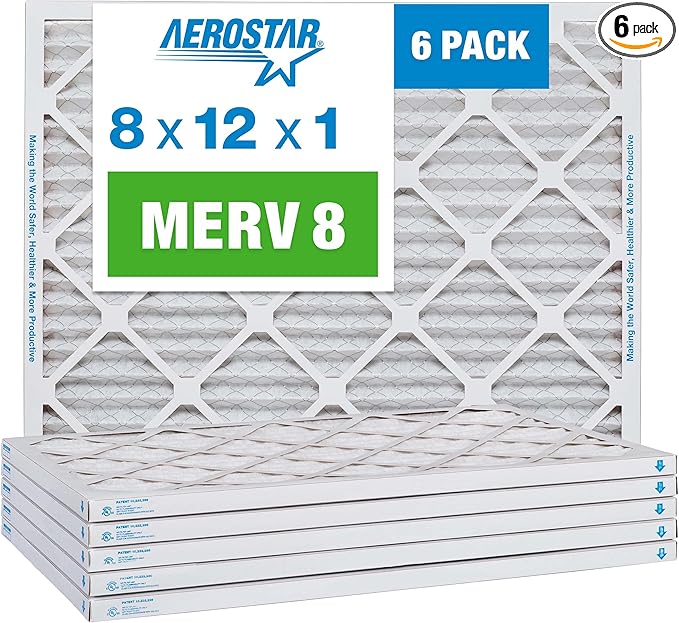 Aerostar 8x12x1 MERV 8 Pleated Air Filter, AC Furnace Air Filter, 6 Pack (Actual Size: 8" x 12" x 1")