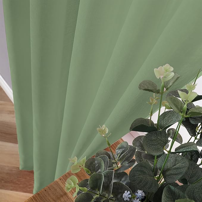 Tollpiz Sheer Curtains Linen Textured Bedroom Curtain Sheers Light Filtering Rod Pocket Voile Curtains for Living Room, 54 x 63 inches Long, Sage Green, Set of 2 Panels