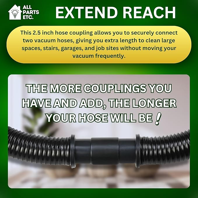 2.5" Vacuum Hose Coupling Connector – Wet Dry Vac Hose Adapter Compatible with Shop Vac, Craftsman & More– Extend Vacuum Reach by Joining 2 Hoses