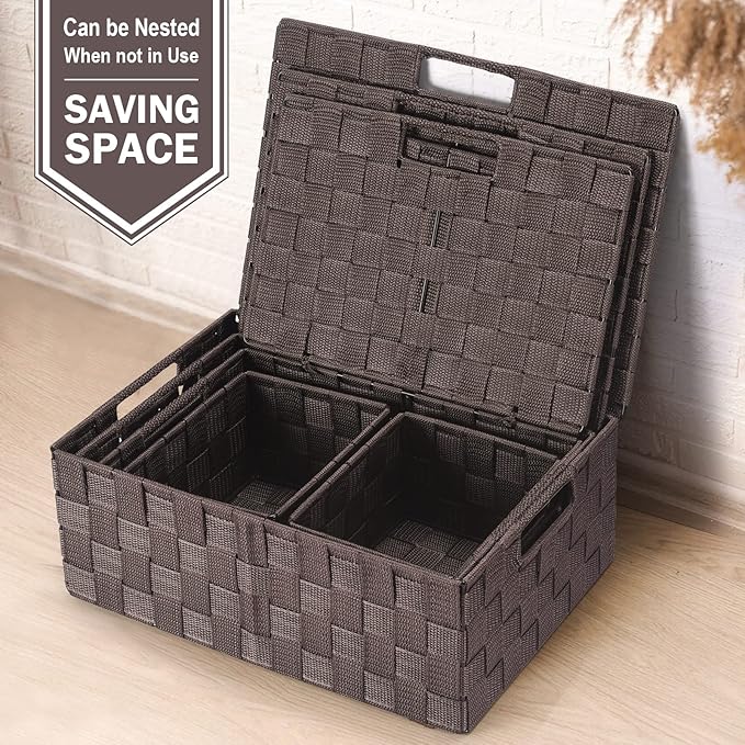 Storage Bins Baskets for Organizing with Lids, Storage Baskets for Shelves Stackable Woven Basket, Gift Small Basket Storage Cubes, Decorative Wicker Basket with Built-in Handles (5 Pack, Brown)