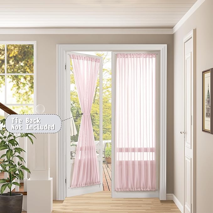 Tollpiz Sheer Door Curtain Closet Linen Textured Curtain Sheers Doorway Light Filtering Voile French Door Rod Pocket Curtains Patio Glass Door, 25 x 80 inches Long, Pink, Set of 1 Panel