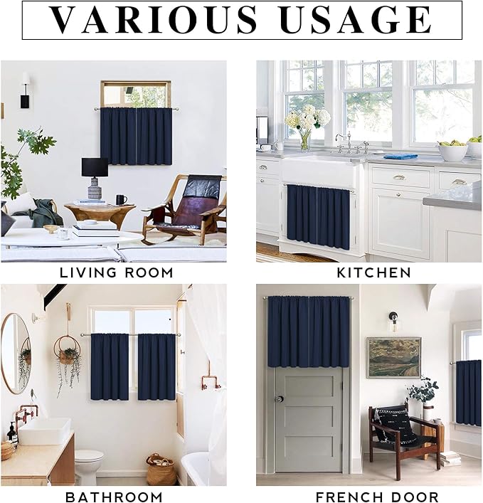 RYB HOME Small Window Curtains Blackout - Privacy Energy Saving Insulating Curtains Blinds for Bedroom Bathroom Basement Kids Nursery Kitchen, W 34 x L 48 inches, Navy Blue, 2 Panels