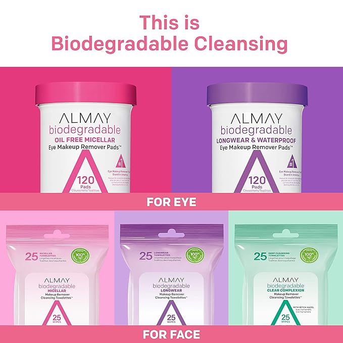 Almay Biodegradable Makeup Remover Pads, Micellar Gentle, Hypoallergenic, Fragrance-Free, Dermatologist & Ophthalmologist Tested, 120 Count