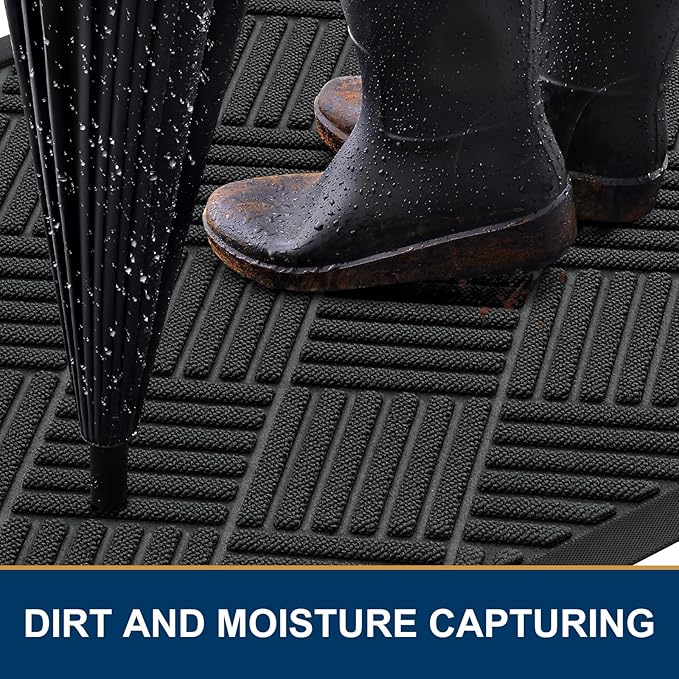 Smiry Front Door Mat Outside Entrance, Heavy Duty Outdoor Indoor Natural Rubber Doormat, Non Slip, Trap Dirt and Moisture, Easy Clean, Low Profile Patio Porch Entryway Mat, 59x23, Black