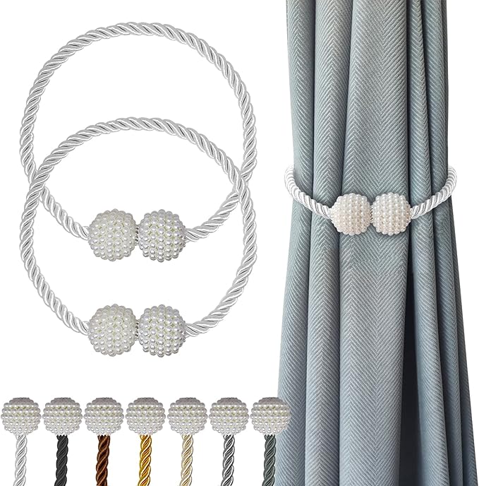 Hion Magnetic Curtain Tiebacks White 2pcs, Curtain Tiebacks Buckles Holdbacks Holders Hooks Clip for Home Bedroom Office Decorative Curtain