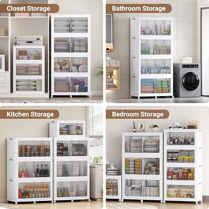 BROVIEW 52.7"H 150Gal Plastic Storage Bins with Lid & Wheels,3Pack Extra Large Stackable Storage Bins with Dividers,Closet Organizers and Storage Cabinet Collapsible Box Shelves for Home Kitchen,White