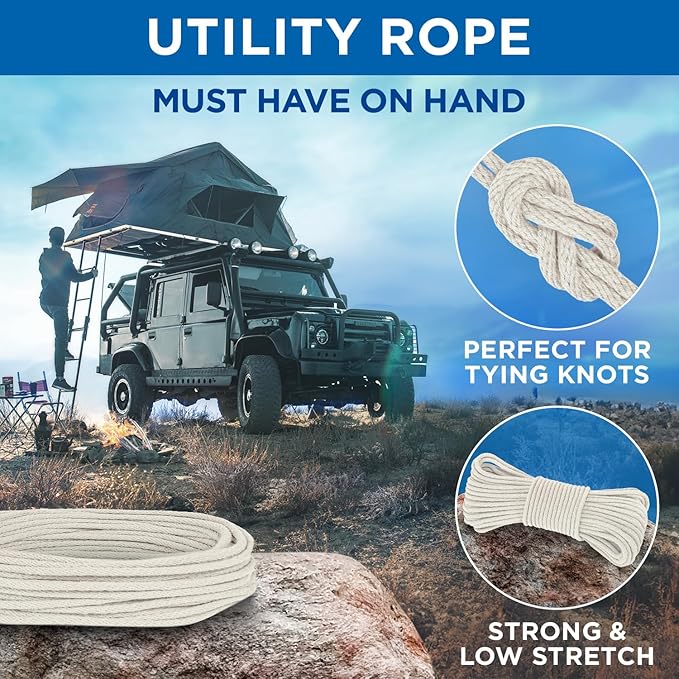 TECEUM 500lb Cotton Rope 3/16” (5 mm) – 100 FT – Strong All-Purpose Braided Rope – Natural Cotton – for Crafting, Сamping, Clothes Line, DIY, Indoor & Outdoor Use – Natural
