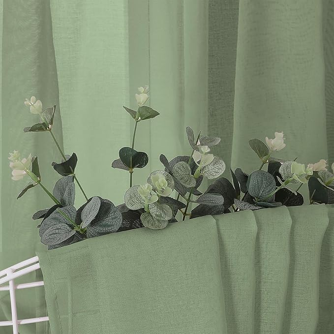 Tollpiz Short Sheer Curtain Living Room Linen Textured Curtains Sheer Light Filtering Voile Rod Pocket Curtain for Bedroom, 38 x 54 inches Long, Sage Green, Set of 2 Panels