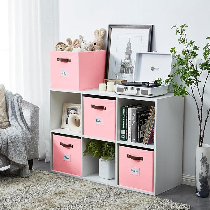 DECOMOMO Storage Baskets, 13x15x13 Storage Cube Bins with Labels for Organizing Shelves Kallax (Kallax / 4pcs, Pink)