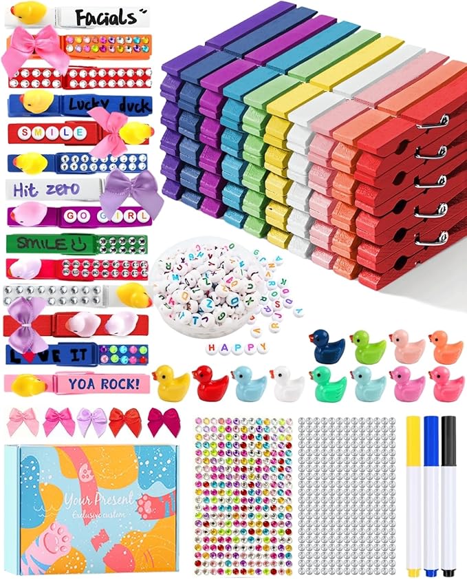 SF SOONEAT Cheer Pins for Backpack Cheer Stuff Kit 70 Colored Clothes Pins with Mini Resin Ducks Bows Letter Beads Team Cheerleaders Gifts Bulk Pin Me Ribbon for Bag Decorations Colorful Spirit Clips