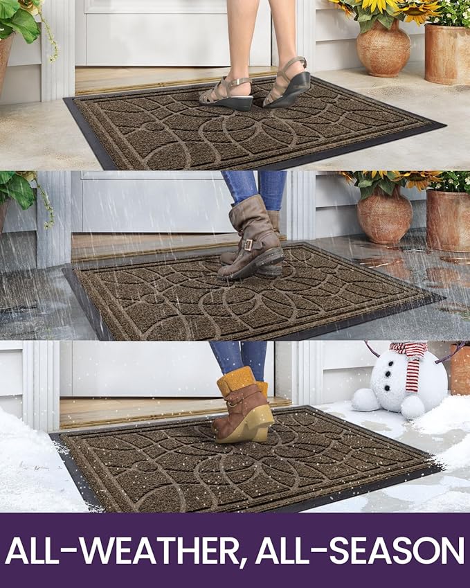 DEXI Front Door Mat Outside Entrance, Heavy Duty Non Slip Low Profile Doormat for Entryway, Trap Dirt and Moisture Welcome Mats, Easy Clean, Patio, Garage, 17x29, Brown