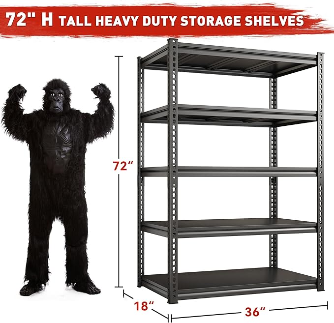 REIBII 72" H Garage Shelving Load 2500 LBS, Heavy Duty Storage Shelves, 5-Tier Adjustable Garage Shelves for Warehouse, Basement, 72" H x36 W x18 D, Black, 4 Pack