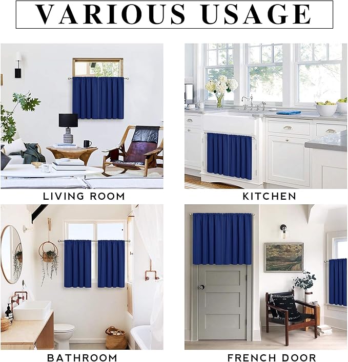 RYB HOME 45 inch Length Curtains for Kitchen, Room Darkening Narrow Window Drapes Thermal Insulated Privacy Covers for Basement RV Camper, W 29 x L 45 inch, Set of 2, Marine Blue