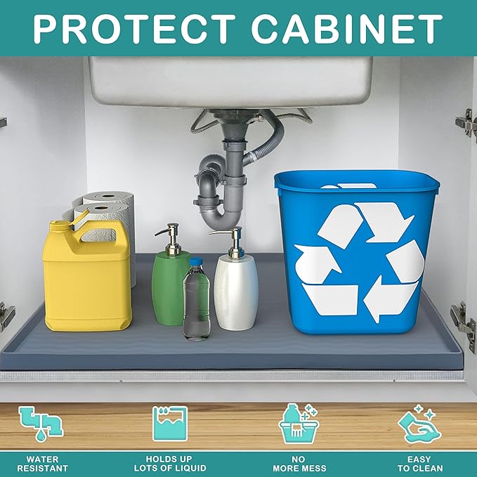 URMONA Waterproof Silicone Under Sink Mat 16'' x 10'' Shelf Liner for Kitchen and Bathroom, Cabinet and Counter Protector, Storage and Organizers, Litter Mat, Pet Cat Puppy Essentials(Dark Grey)