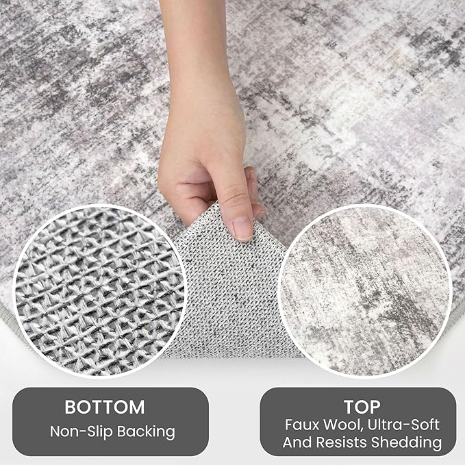 IOHOUZE Abstract Runner Rug 3x16 Ft Washable Runners for Hallways, Non Slip Kitchen Runner Printed Faux Wool Entryway Runner Indoor, Modern Abstract Floor Carpet for Hall Stair, Grey Beige