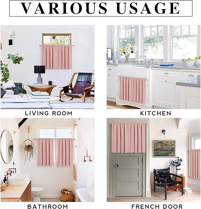 RYB HOME Blackout Curtains for Kitchen, Small Window Curtains Blinds, Thermal Insulating Drapes for Bathroom Cafe Bedroom Small Window, W 29 x L 45 inch, Peach Blush, 2 Panels