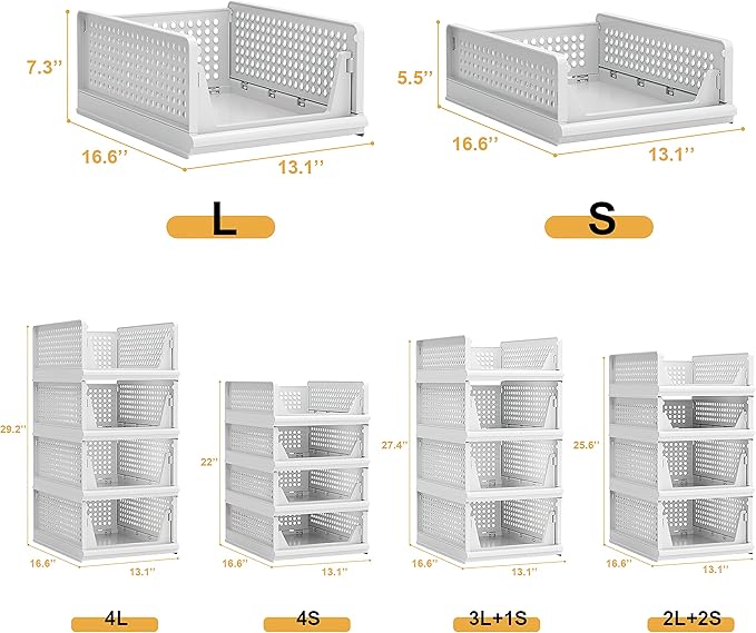 Proarea Stackable Plastic Storage Basket Closet Organizer Bin Foldable Clothes Organizer Storage Drawer Shelf Container for Living Room Bathroom Kitchen Office Laundry Room