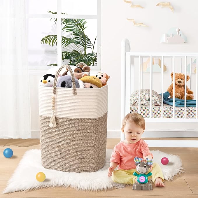 Woven Laundry Basket for Clothes, 100L Large Rectangle Laundry Hampers with Beads Tassel, Nursery Storage Basket for Toys, Tall Dirty Clothes Hamper for Bedroom Aesthetic, Laundry Room Organization