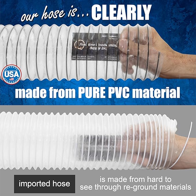 PVC Dust Collection Hose w/4 Thumbscrew Clamps, Puncture Resistant, Carbon Steel Wire, Clear Flexible PVC Dust Collector Hose, Proudly Made in USA (2 1/2" x 50')