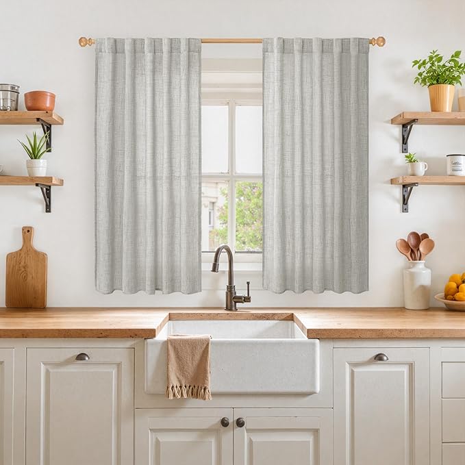 YoungsTex Light Grey Linen Curtains 45 Inch Length for Short Window, Light Filtering Burlap Textured Drapes Rod Pocket Back Tab for Kitchen Living Room Bedroom, 2 Panels, 42 X 45 Inch