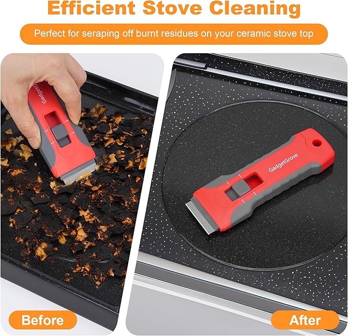 Upgraded Razor Blade Scraper with 2 Pcs Plastic Scraper, Scraper Tool for Cooktop, Oven, Stove, Labels Decal, Plastic Razor Blades for Cleaning Glass Window, Razor Scraper Buit-In Blade torage, Gray
