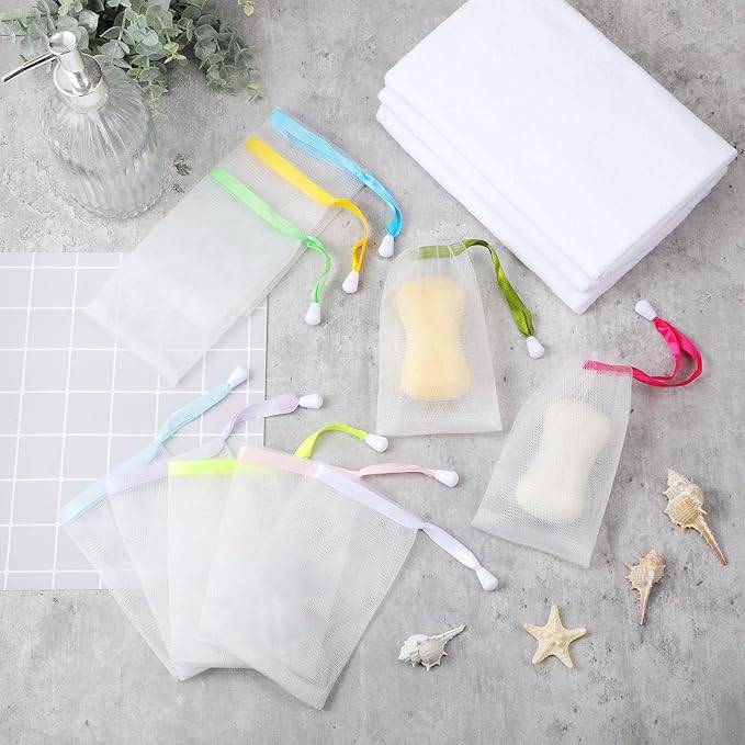 Sunnyray 50 Pcs 10 Colors Soap Bag Soft Handmade Soap Bubble Mesh Bags Exfoliating Mesh Pouch with Drawstring for Foaming and Drying for Shower Body Facial Cleaning Tool