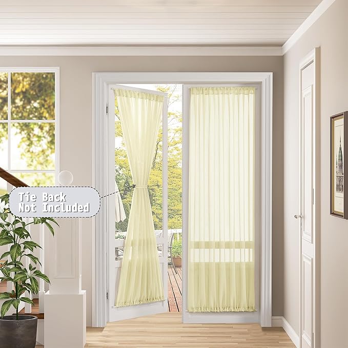 Tollpiz Sheer Door Curtains Closet Linen Textured Curtains Sheer Doorway Light Filtering Voile Rod French Door Pocket Curtain Patio Door, 25 x 72 inches Long, Transparent Yellow, Set of 1 Panel