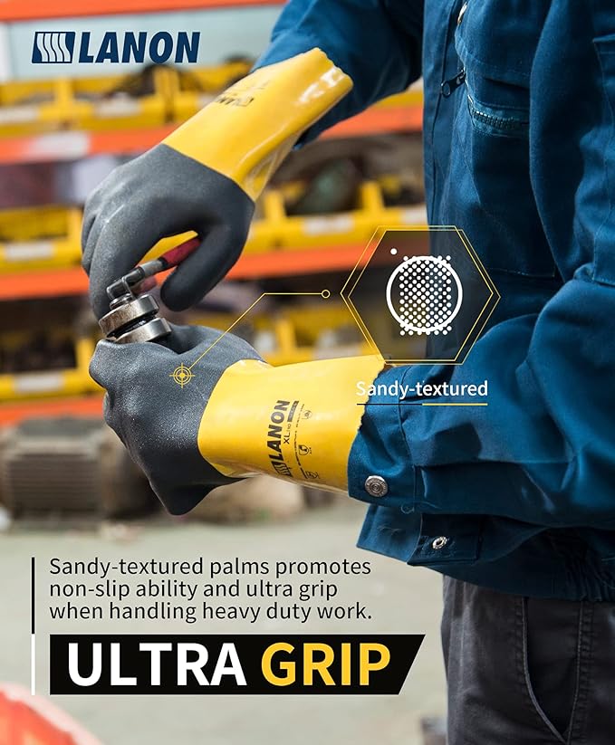 LANON 3 Pairs PVC Chemical Gloves, Thick Rubber Work Gloves, Heavy-Duty, EN 374/388, Acid, Alkali and Oil, Non-Slip, XXL