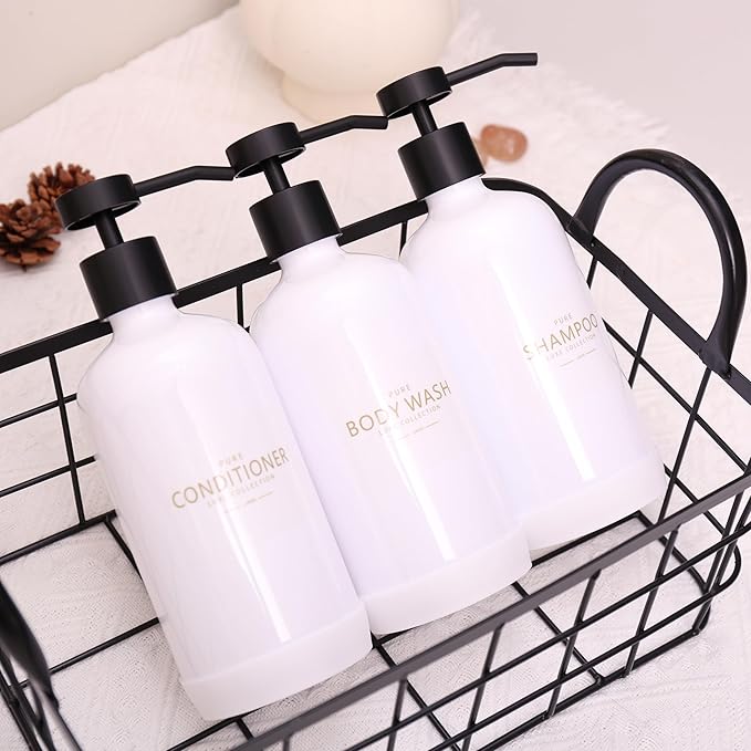 Shampoo and Conditioner Dispenser Set of 3,Refillable 21oz Shampoo Bottles with Non-Slip Protective Silicone Pad,Shower Soap Dispenser with Waterproof Labels for Bathroom (White)