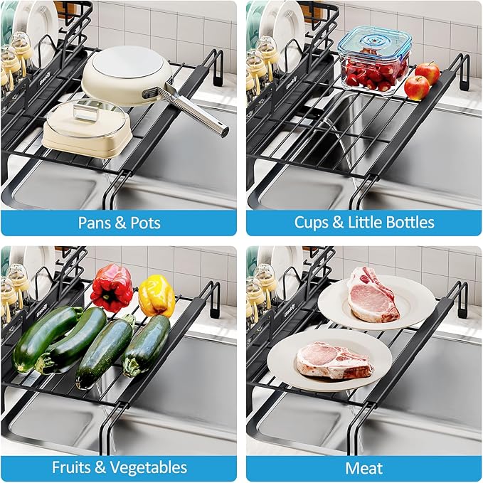 Extendable Dish Drying Rack, 2 in 1 Multifunction Dish Rack for Kitchen Counter, Expandable Dish Drainer Over Sink, Large Plate Strainer with Drainboard & Cups Holder