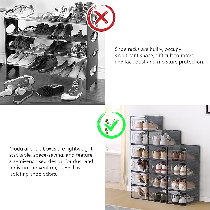 12 Pack X-Large Modular Clear Plastic Stackable Shoe Storage Organizer for Closet, Space Saving Versatile Sneaker Shoe Rack Containers Bins Holders, Portable Closet Organizers and Storage, Black02