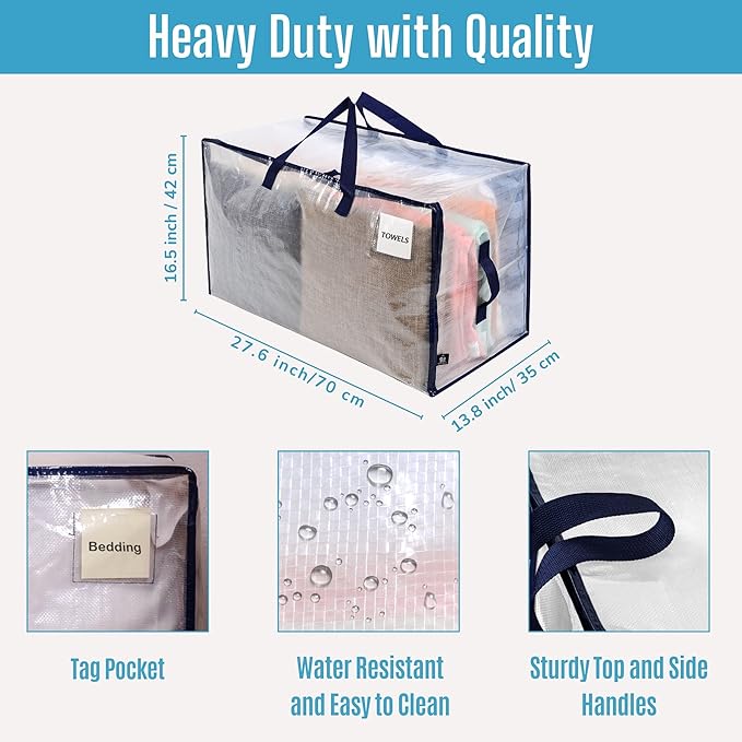 VENO 2 Pack Moving and Storage Bags, Heavy Duty, Alternative to Moving Boxes, Large Packing Totes Supplies for College Dorm Room with Zipper for Clothes, Wide Open Design (Clear, 2 Pack)