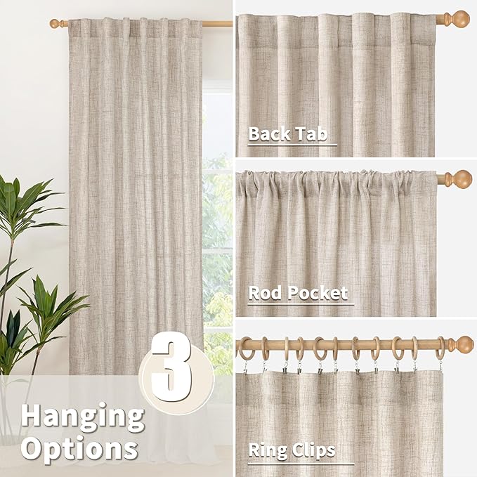YoungsTex Beige Linen Semi Sheer Curtains 63 Inch Length for Living Room, Light Filtering Window Drapes with Rod Pocket Back Tab Natural Textured for Country Bedroom, 2 Panels, 52 X 63 Inch