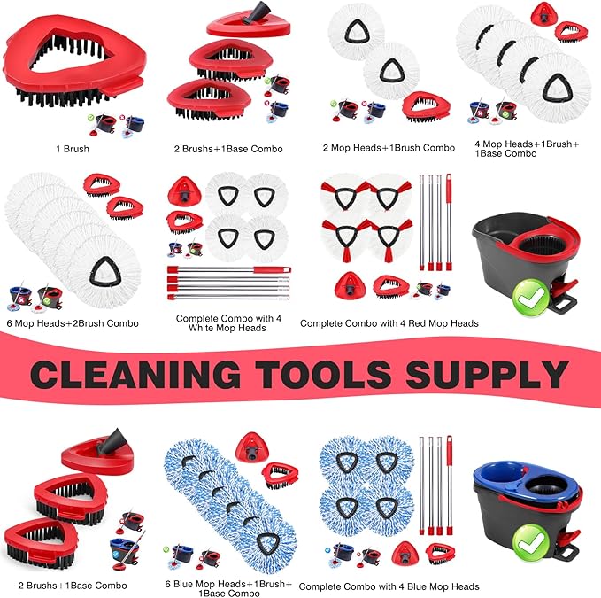 Mop Heads Replacements Complete Combo for O-Ceda,4 Pcs Red Machine Washable Microfiber Spin Mop Refills Replace Heads,1 Scrub Brushs,1 Base,1 Set Handle,Spin Mop Replacements for Tub and Tile Cleaning