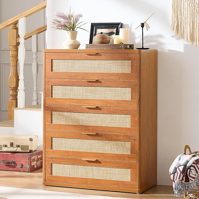 LEYAOYAO Rattan Dresser for Bedroom Set 2, 41" Tall Chest of Drawers, Modern 5 Drawers Boho Dressers with Storage, Light Oak Dresser Wooden Closet Organizer for Living Room, Hallway, Tea Brown