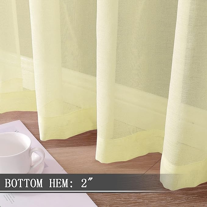 Tollpiz Sheer Curtains Linen Textured Living Room Curtain Sheers Light Filtering Rod Pocket Voile Curtains for Bedroom, 42 x 63 inches Long, Transparent Yellow, Set of 2 Panels