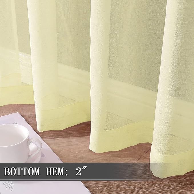 Tollpiz Short Sheer Curtain Linen Textured Living Room Curtains Sheer Light Filtering Rod Pocket Voile Curtain for Bedroom, 42 x 54 inches Long, Transparent Yellow, Set of 2 Panels