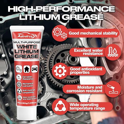 AstraVox White Lithium Grease, Multi-Purpose Lubricant Lithium Grease with Brush for Hinges, Bearings, Gears, and Garage Doors, Ideal for Automotive, Marine, Industrial, and Household Use (1)