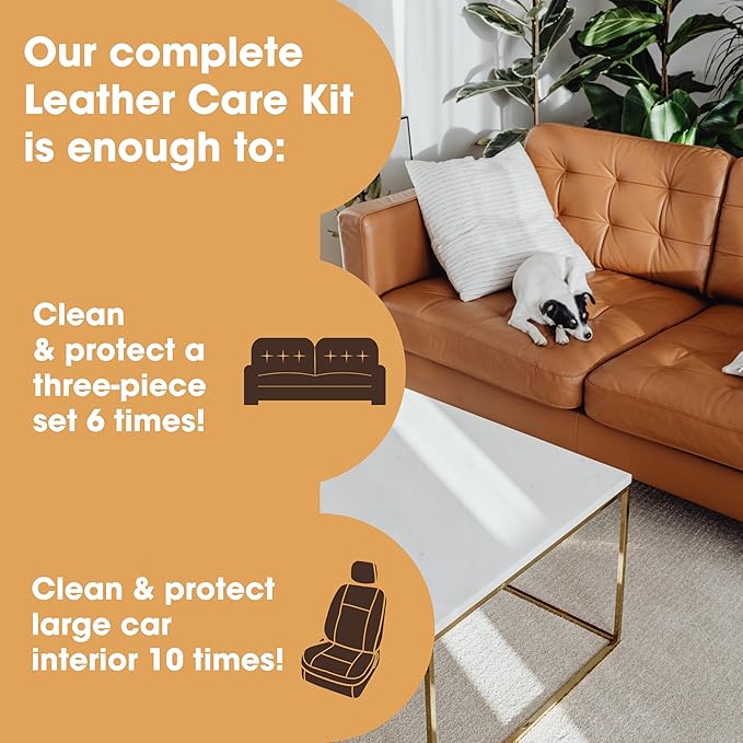 Furniture Clinic Large Leather Care Kit | Leather Cleaner + Conditioning Protection Cream for Furniture | Two 17oz Bottles + 1 Sponge & 1 Cloth | Restore Leather Couches, Car Seats, Jackets, & Boots