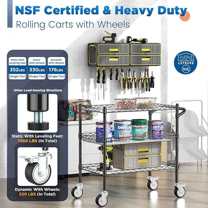 Leteuke 3 Tier Rolling Carts with Wheels,990Lbs Heavy Duty Rolling Utility Cart,NSF Commercial Grade Metal Cart with Handle&Shelf Liner,Trolley Serving Cart for Kitchen,Restaurant,Plant Display,Black