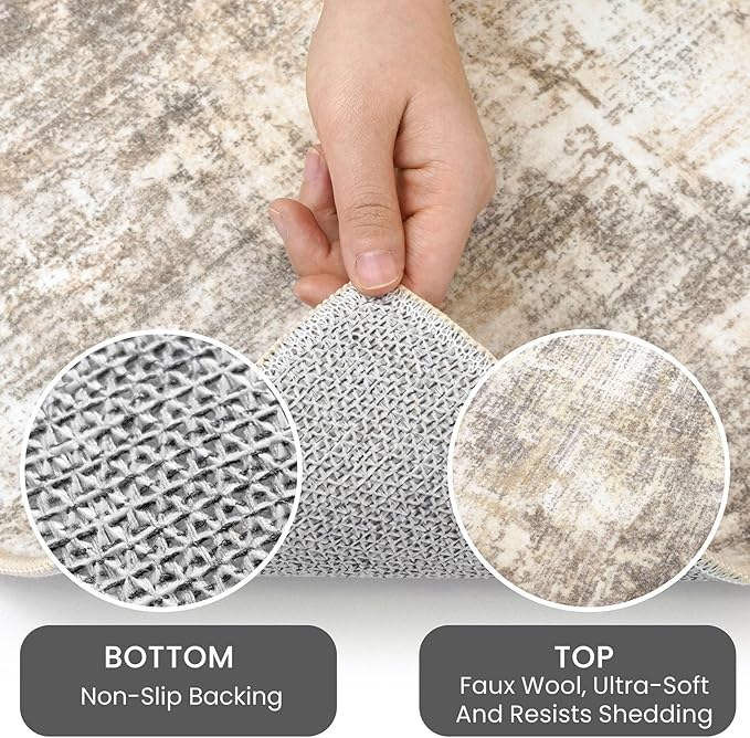 IOHOUZE Abstract Area Rugs 9x12 Ft Washable Large Rugs for Living Room, Non Slip Dining Room Rug, Printed Faux Wool Rugs for Bedroom, Floor Carpet for Office Nursery Playroom, Beige Brown