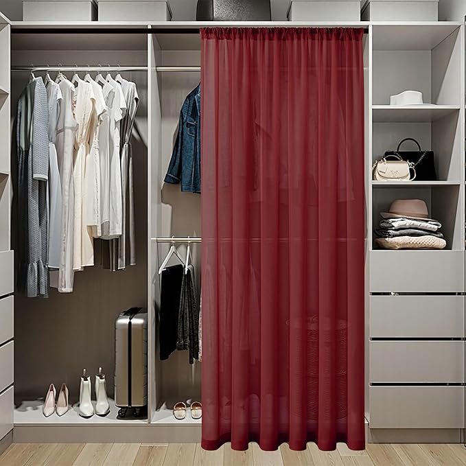 Tollpiz Short Sheer Door Curtains Closet Linen Textured Curtains Sheer Doorway Light Filtering Voile Patio Glass Door Rod Pocket Curtain French Door, 54 x 40 inches Long, Burgundy Red, Set of 1 Panel