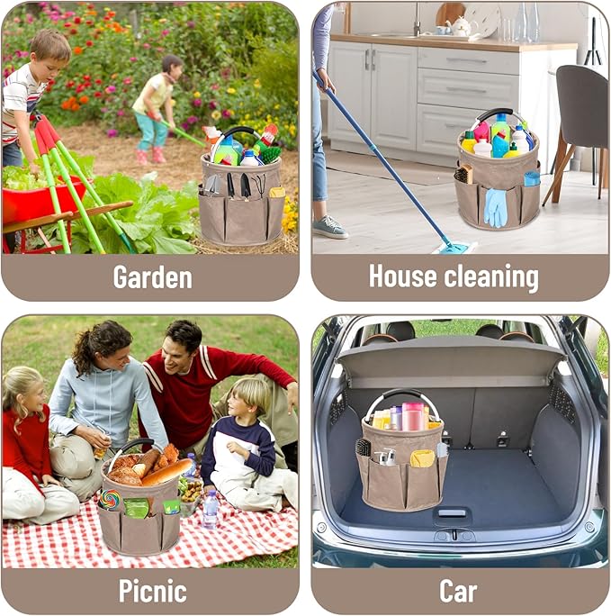 Qivine 17L Cleaning Caddy with Handle, Cleaning Supply Caddy Foldable Cleaning Caddy Cleaning Products Organizers Portable Cleaning Bucket Organiser for Storing Towels (Khaki)