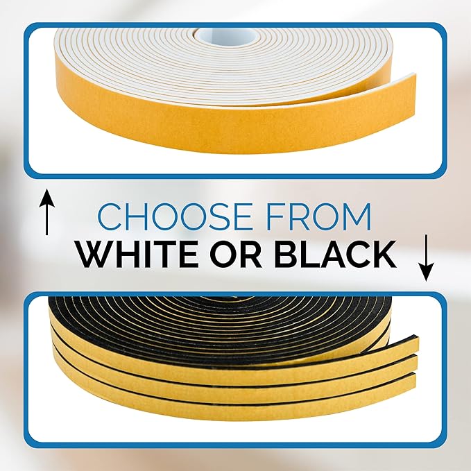 High Density Foam Weather Stripping Door Seal Strip Insulation Tape Roll for Insulating Door Frame, Window, Air Conditioner | Self Adhesive Sealing Weatherstrip (White, 1/2 in x 1/4 in 30 Ft)