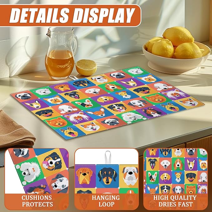 Cute Dogs Dish Drying Mat for Kitchen Counter Microfiber Absorbent Dish Kitchen Drying Mat Draining Reusable Washable for Dishes/Utensils/Counterto