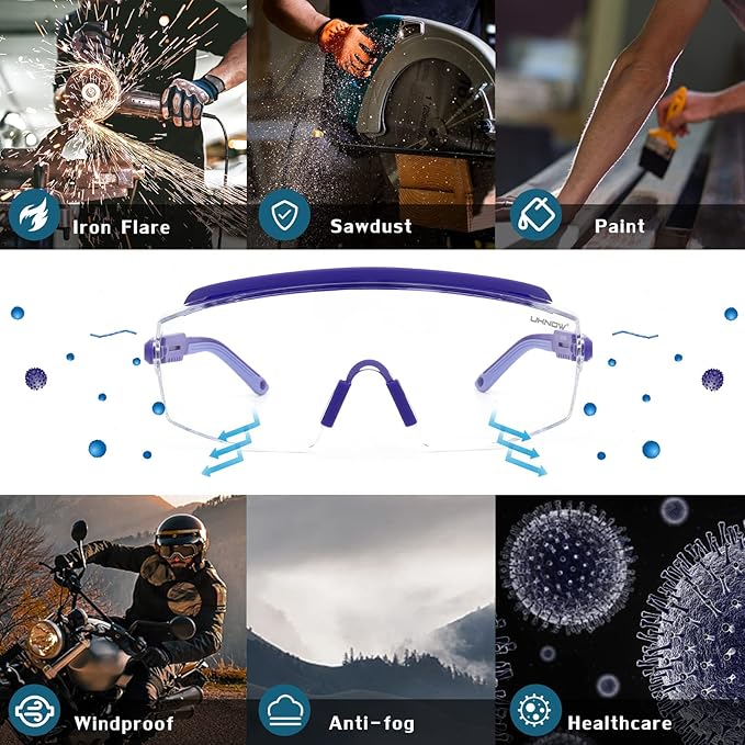 UKNOW Safety Goggles Over Glasses, Safety Glasses Anti Fog Wraparound Eye Protection, Protective Eyewear ANSI Z87.1