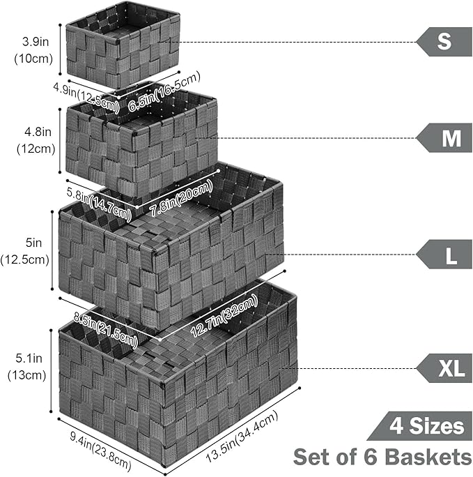 Woven Storage Baskets, Storage Bins, Cube Basket Container Baskets Storage Boxes Organizers for Clothes /Shelves/ Closet, Set of 6 (Grey)