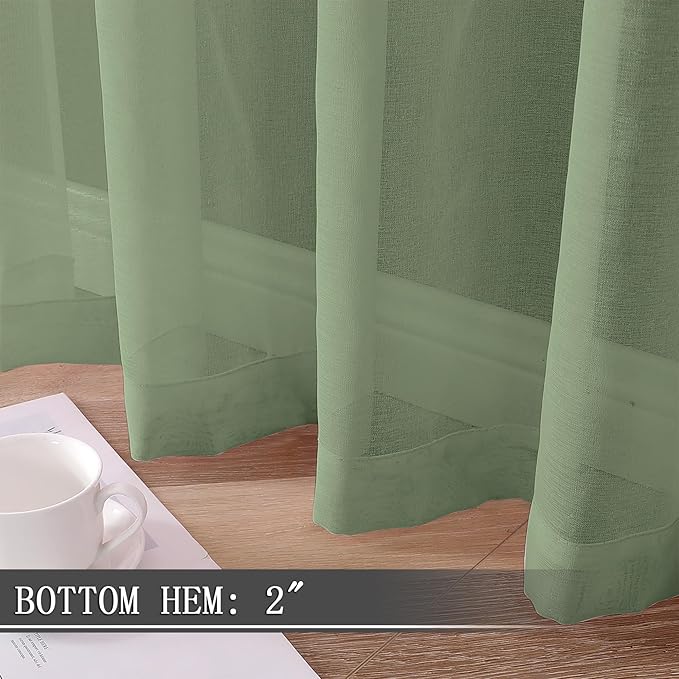 Tollpiz Short Sheer Curtains Living Room Linen Textured Curtain Sheers Light Filtering Voile Rod Pocket Curtains for Bedroom, 38 x 45 inches Long, Sage Green, Set of 2 Panels