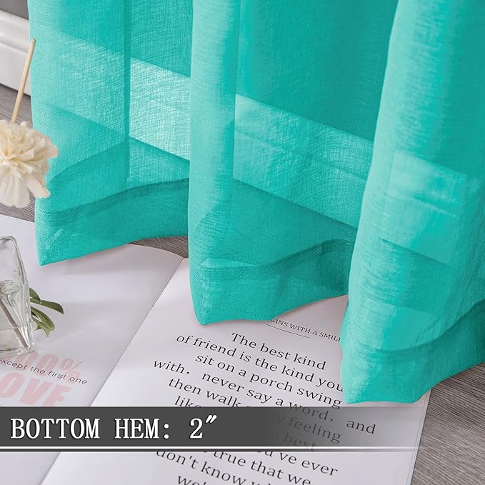 Tollpiz Sheer Tier Curtain Linen Textured Half Kitchen Curtains Sheer Light Filtering Rod Pocket Voile Small Curtains for Bathroom, 25 x 36 inches Long, Aqua Blue, Set of 2 Panels