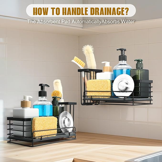 Sponge Holder for Kitchen Sink – Rustproof Sink Caddy & Kitchen Organizer with High Brush Holder, Fast Drying Diatomite Base, 304 Stainless Steel Dish Sponge Rack(Black)